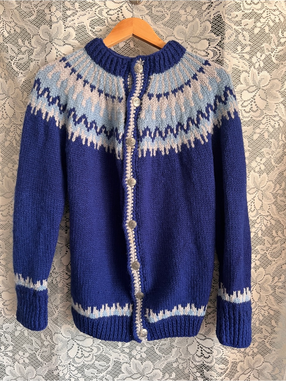 Vintage Blue Fair Isle Cardigan with Light Blue and Cream Yoke